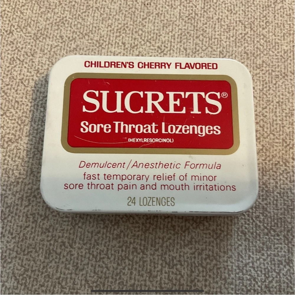 Sucrets Childrens Cherry Flavored Sore Throat Lozenges Metal Tin Box Cherry Red